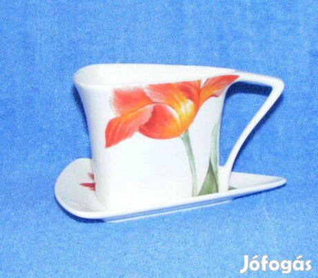 Tulipános japán porcelán csésze alátéttel