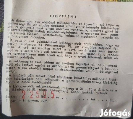 Tungsgram py88 elektroncső eredeti dobozában 1979-es garanciajeggyel. 