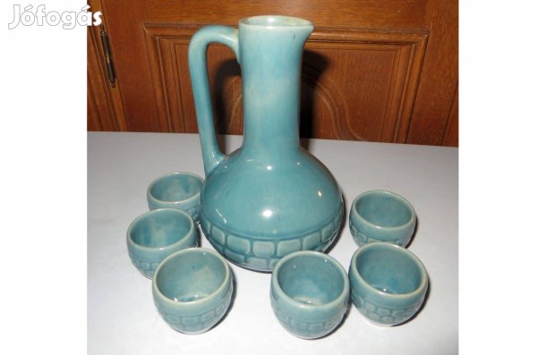Türkizkék, mázas kerámia likőrös készlet 19 cm pálinkás szett 1960