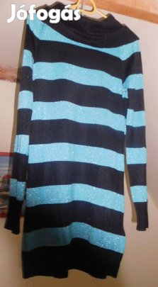 Türkizkék-fekete csillogó tunika pulóver laza garbó nyakkal **