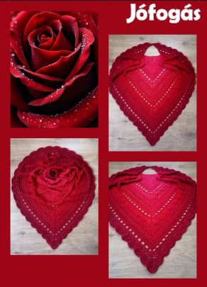 Tüzes piros színvilágú, kézzel horgolt nagy vállkendő. 