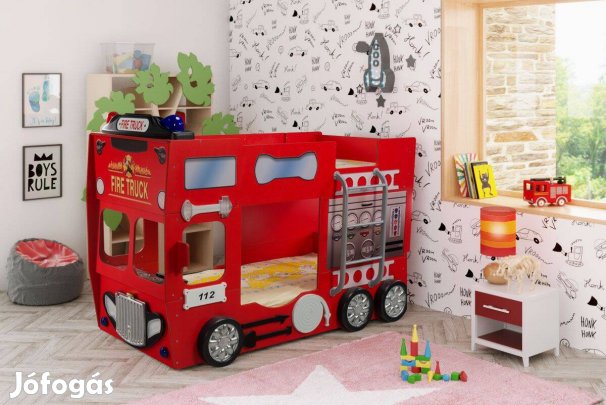 Tűzoltó autó formájú emeletes gyerekágy matracokkal