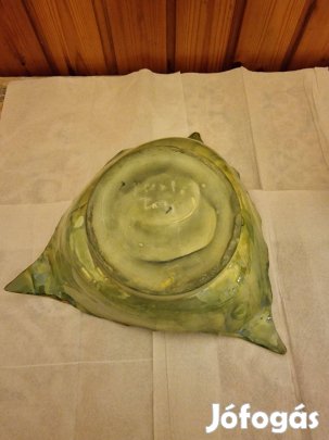 Tűzzománc mázas -Zöld-Arany- kerámia Tál, Váza - jelzett