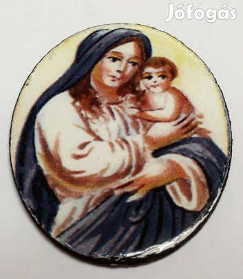 Tűzzománc medál Szűz Anyával, és a kis Jézussal, Imával a hátoldalon,