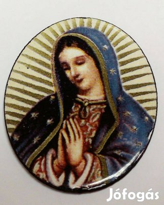 Tűzzománc medál imádkozó Szűz Anyával, csillagos kendővel, Imával a há