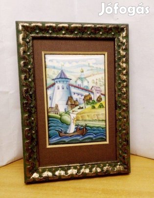 Tűzzománc miniatúra festmény, Orosz tájkép faluvége erődítménnyel