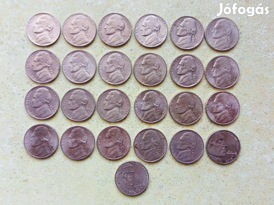 USA 25 db Különböző Érme 5 Cents Jefferson Nickel 1964-2017
