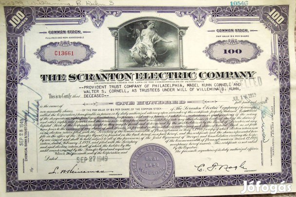 USA retro részvény 1949 Scranton Electric Co