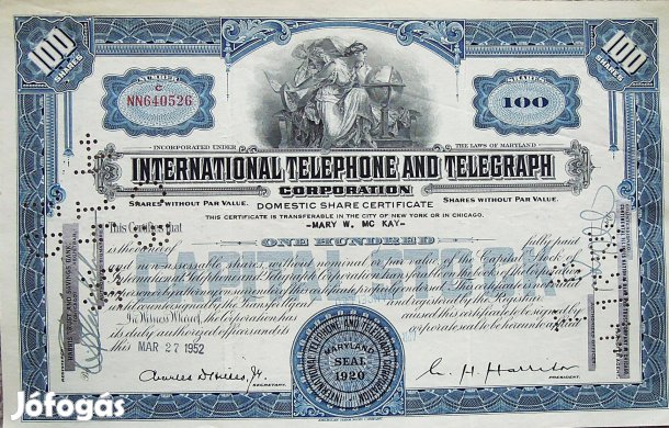 USA retro részvény 1952 ITT International Telephone Telegraph