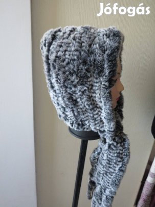 Új 2in1 nyúlszőr sapka sál - cirmos