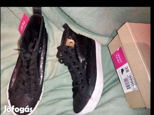Új 38-as női fekete flitteres tornacipő, magasszárú cipő , 7900ft