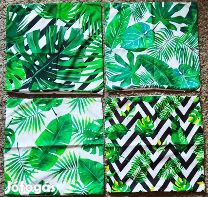 Új 4 db-os szett, zöld levelek, díszpárnahuzat, cipzár, 45x45 cm