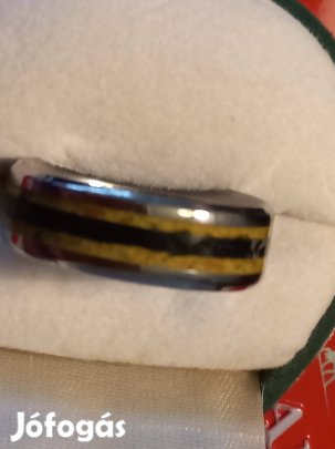 Új 8 mm nemesacél gyűrű, borostyán és fekete turmalin berakással eladó