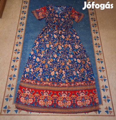 Új Heine sötétkék alapon virágos -alján bordűrös- viszkóz maxi ruha 36