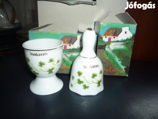 Új Ír porcelán lóhere mintás tojástartó készlet csengővel egyben