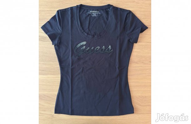 Új L Guess Női Póló SS RN Shiny Strasszos Rövidujjú Fekete Felső