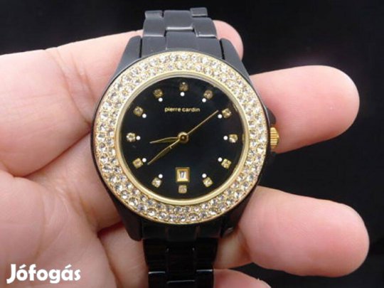 Új Pierre Cardin dátumkijelzős kristályos fekete kerámia női óra