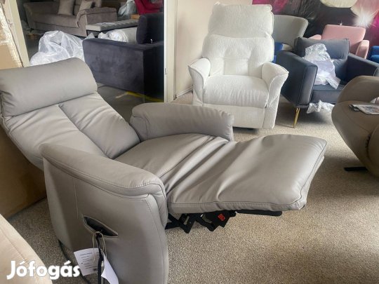 Új!Porcelánszürke pufi fejtámlás valódibőr motoros TV relax fotel 239e