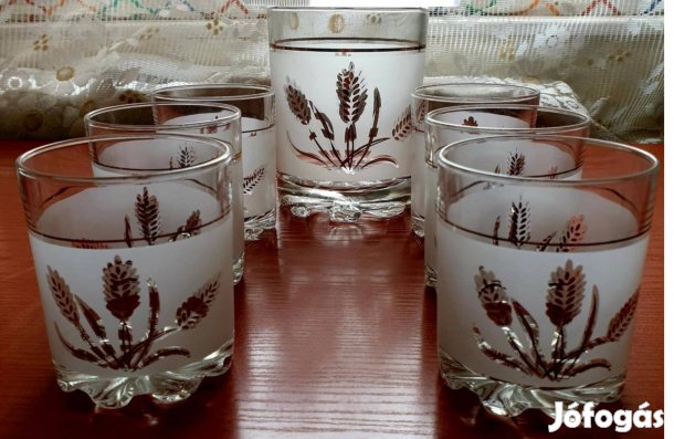 Új Retro Üdítős/Vizes Készlet (7 részes) 30 éves, arany búzakalászos