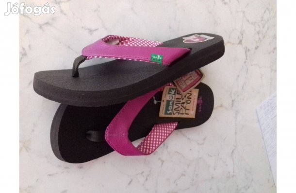 Új Sanük flip-flop amerikai papucs, Magenta pántos, fekete talppal 37
