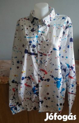 Új Shein fehér kék festék mintás egyedi alkalmi ing blúz 