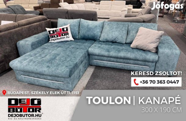Új Toulon kék sarok kanapé ülőgarnitúra 300x190 cm ágyazható LED