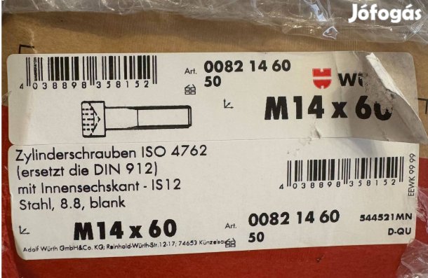 Új Würth Belsőkulcsnyílású Acél Csavar ISO Kezeletlen 8.8 4762/DIN 912
