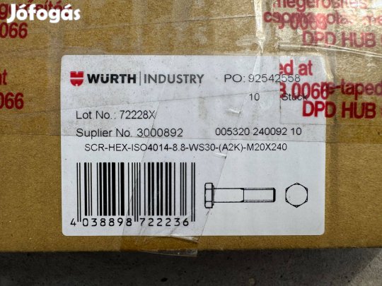 Új Würth Hatlapfejű Csavar Szárral ISO 4014 8.8 Acél 005320240