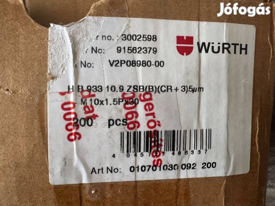 Új Würth Hatlapfejű Horganyzott Acél Csavar Tövigmenettel 10.9 DIN 933