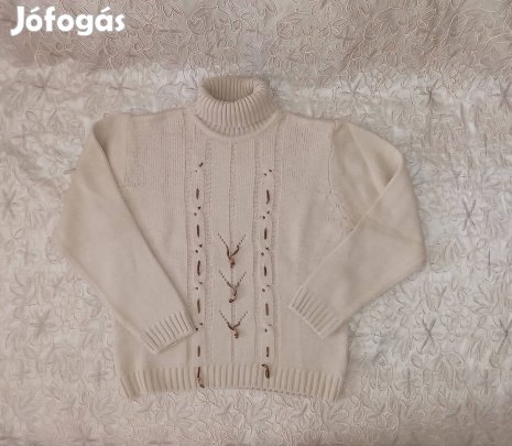 Új -Kötött női pulóver - garbó nyakkal bőrszíjakkal gyöngyökkel 38/40