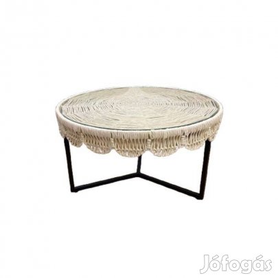 Új! Rattan hatású kerek dohányzóasztal edzett üveg lappal 80 × 45 cm