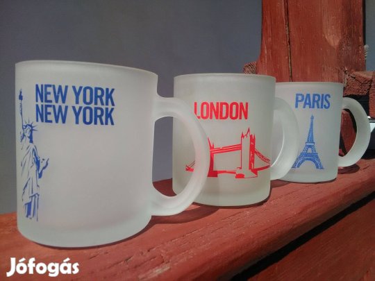 Új - 3 db London, New York, Párizs opál üveg bögre