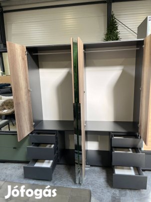 Új, canyon tölgy - matt szürke, tükrös, akasztós fiókos 180x204x50cm