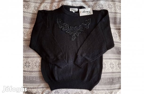 Új, címkés L-es fekete, ezüst-gyöngyös mintás női kötött pulóver