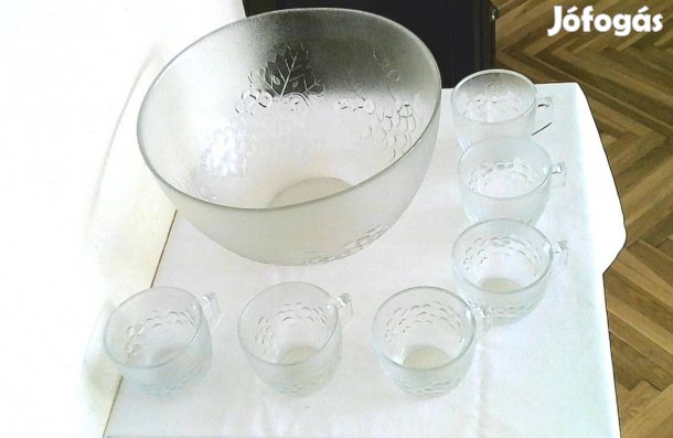 Új, dekoratív szőlő mintás üveg puncsos bólés készlet 6 személyes