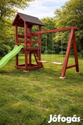 Új, fenyő gyerek játszóház, játszótér, játszóvár csúszdával,hintákkal