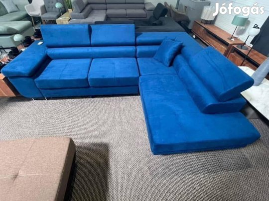 Új, kék színű bársony ágyazható-nagy ágyneműtartós sarokkanapé