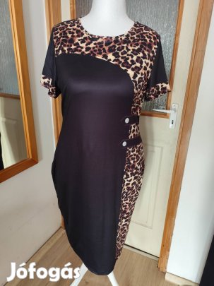 Új, molett, alkalmi női ruha, 50-es, fekete-leopárd