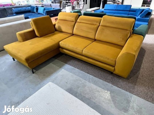 Új, okker színű bársony anyagú, ágyazható-ágyneműtartós, állítható fe