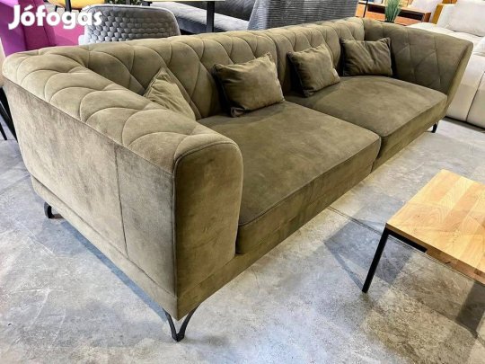 Új, olajzöld bársony, chesterfield jellegű kanapé