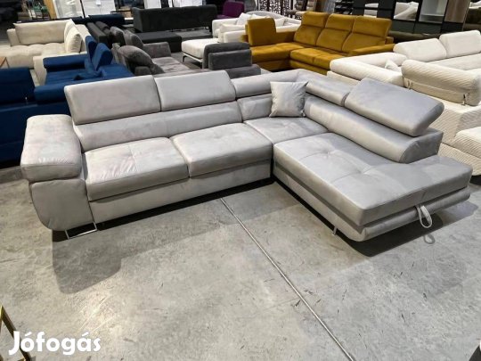 Új, szürke bársony sarokkanapé, ágyazható-extra nagy ágyneműtartóval