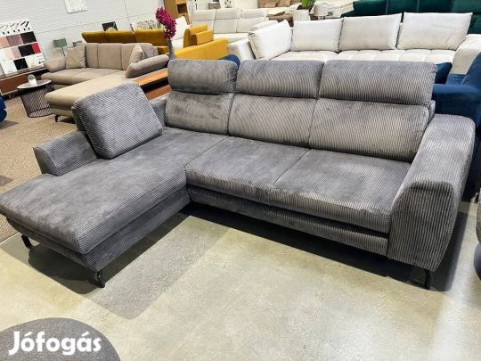 Új, szürke kordbársony anyagú, ágyazható-ágyneműtartós, állítható fejt