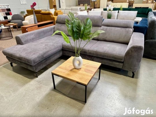 Új, szürke kordbársony és mustársárga ágyazható-ágyneműtartós L kanapé