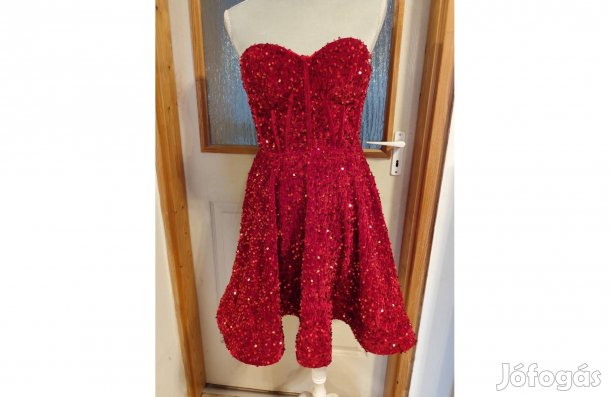 Új, tűzpiros, csillogós ruha, 38-as méret