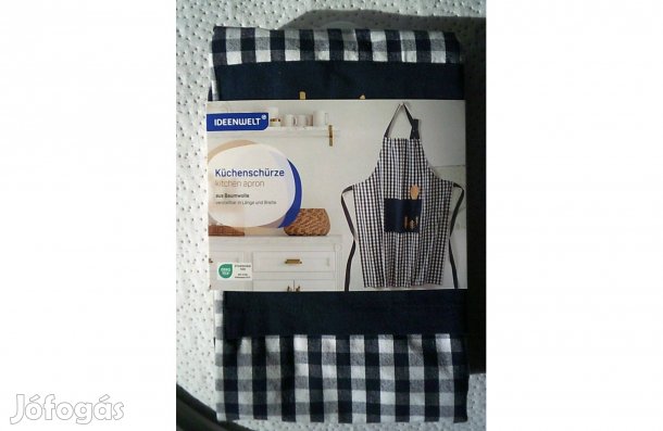 Új,bontatlan Német kék kockás pamut kötény nagy zsebbel