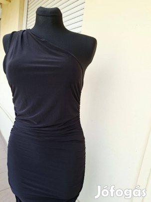 Új cimkés S/M fél vállas fekete elasztikus elegáns női ruha