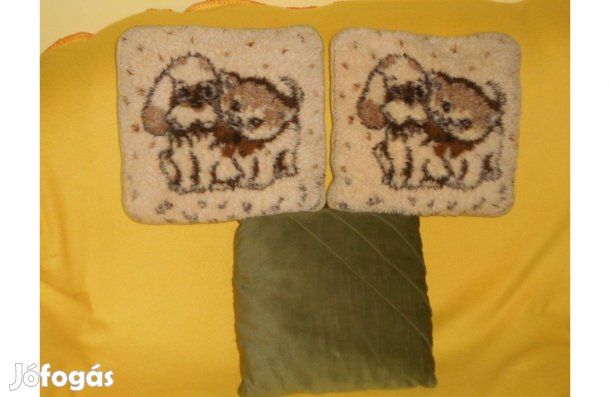 Új díszpárna,aranyos kutyus, cica, és zöld díszes. 37x37 cm