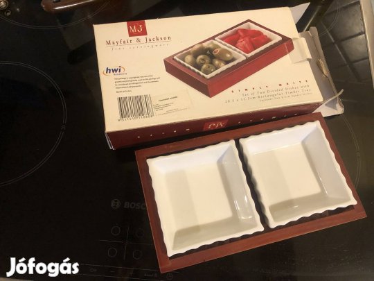 Új fa kínáló tálca 2 porcelán tálkával tálaló