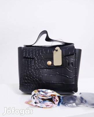 Új fekete minitáska kendővel - Krokodilbőr mintázat - Válltáska