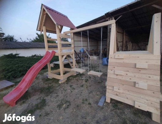 Új fenyő kerti játszó vár, játszótér házikóval, csúszdával, hintával